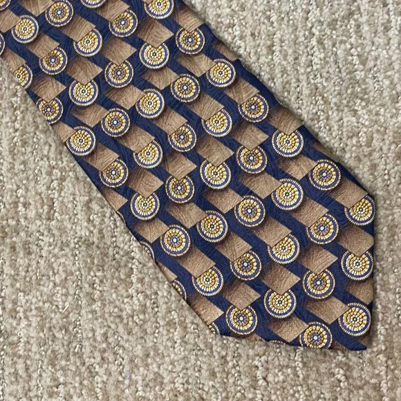 Canali Milano Silk‎ Tie Blue Gold Medallion Pattern Luxury Mens Old Money - Picture 6 of 8